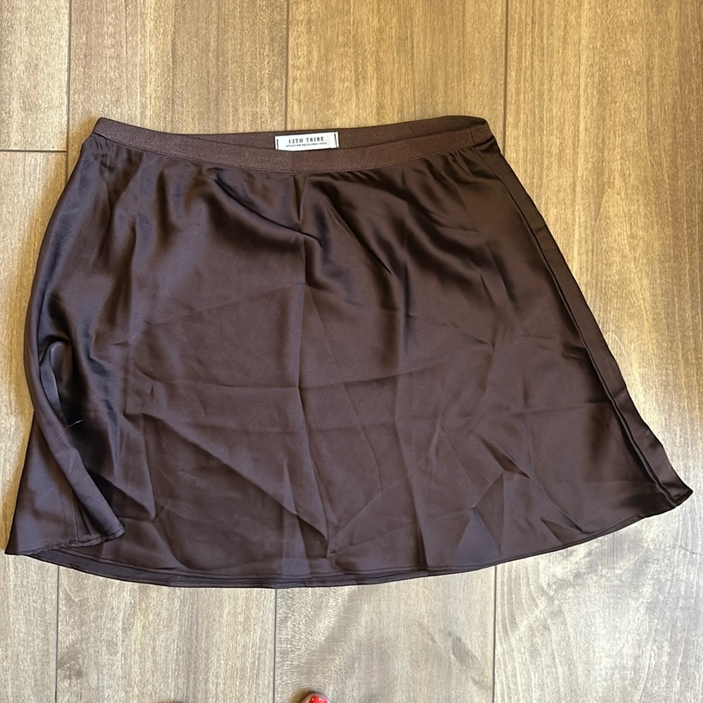 12th Tribe Brown Satin A-Line Mini Skirt